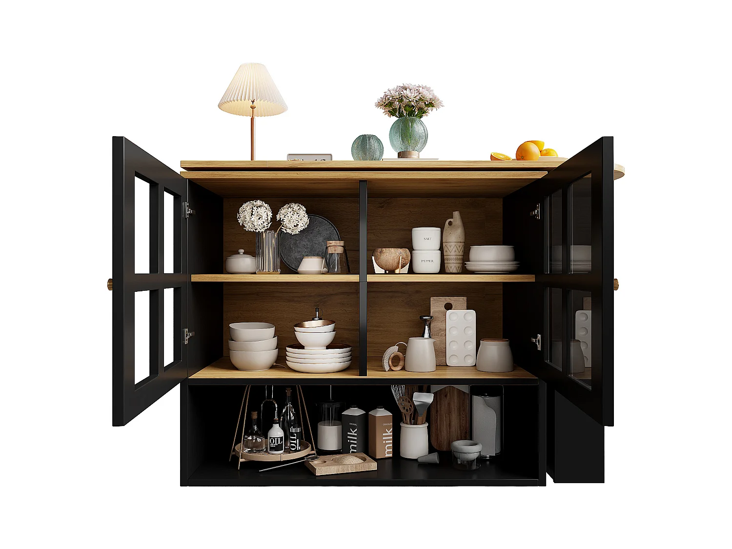 Meuble de bar rotatif - Table de bar extensible avec 2 portes et 3 étagères réglables - rangement ouvert - noir