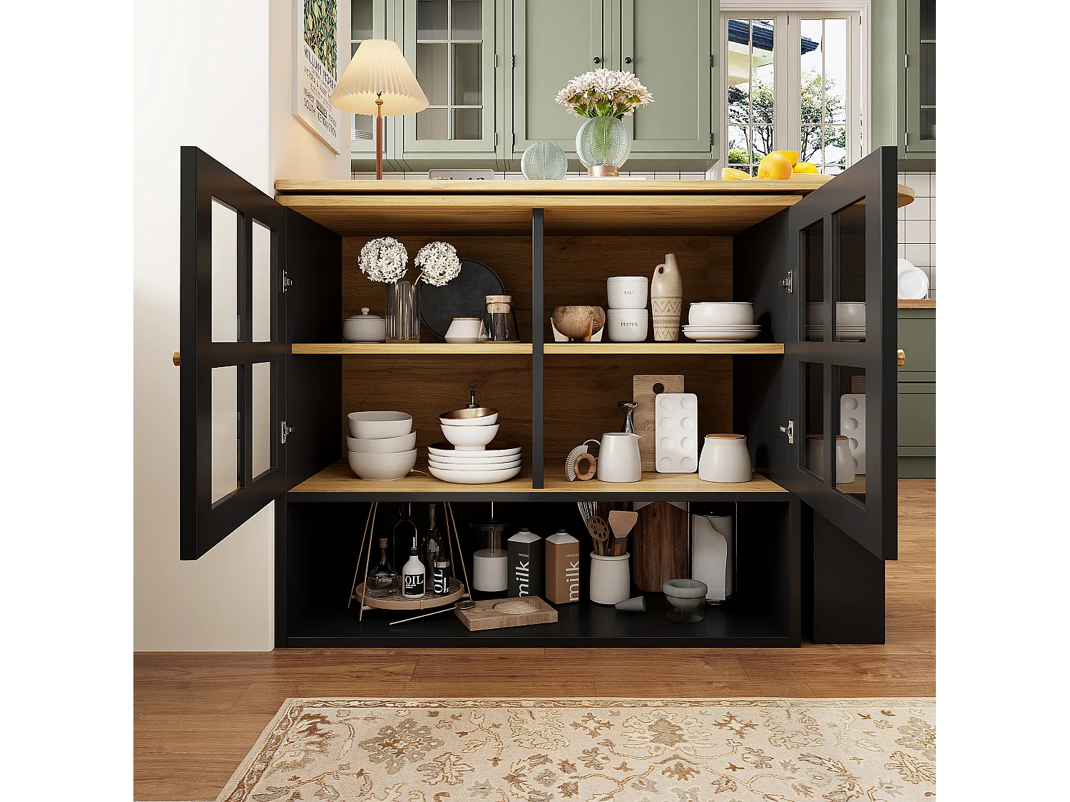 Meuble de bar rotatif - Table de bar extensible avec 2 portes et 3 étagères réglables - rangement ouvert - noir