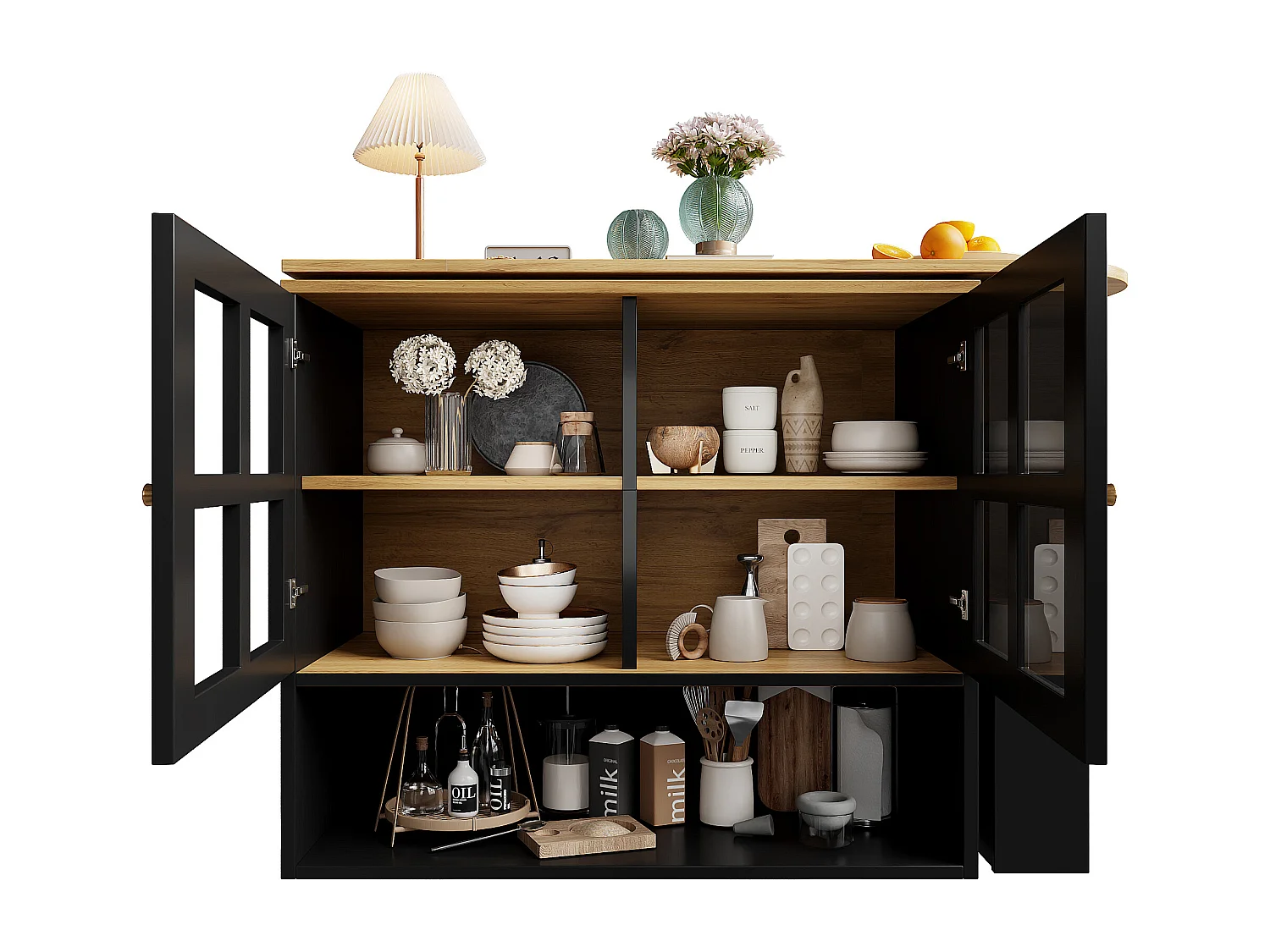 Meuble de bar rotatif - Table de bar extensible avec 2 portes et 3 étagères réglables - rangement ouvert - noir