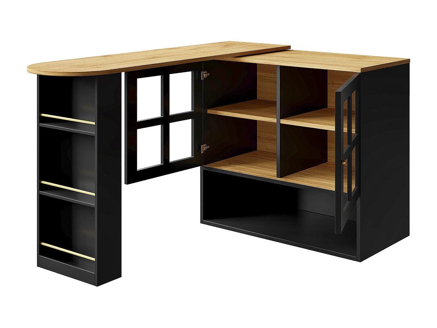 Meuble de bar rotatif - Table de bar extensible avec 2 portes et 3 étagères réglables - rangement ouvert - noir