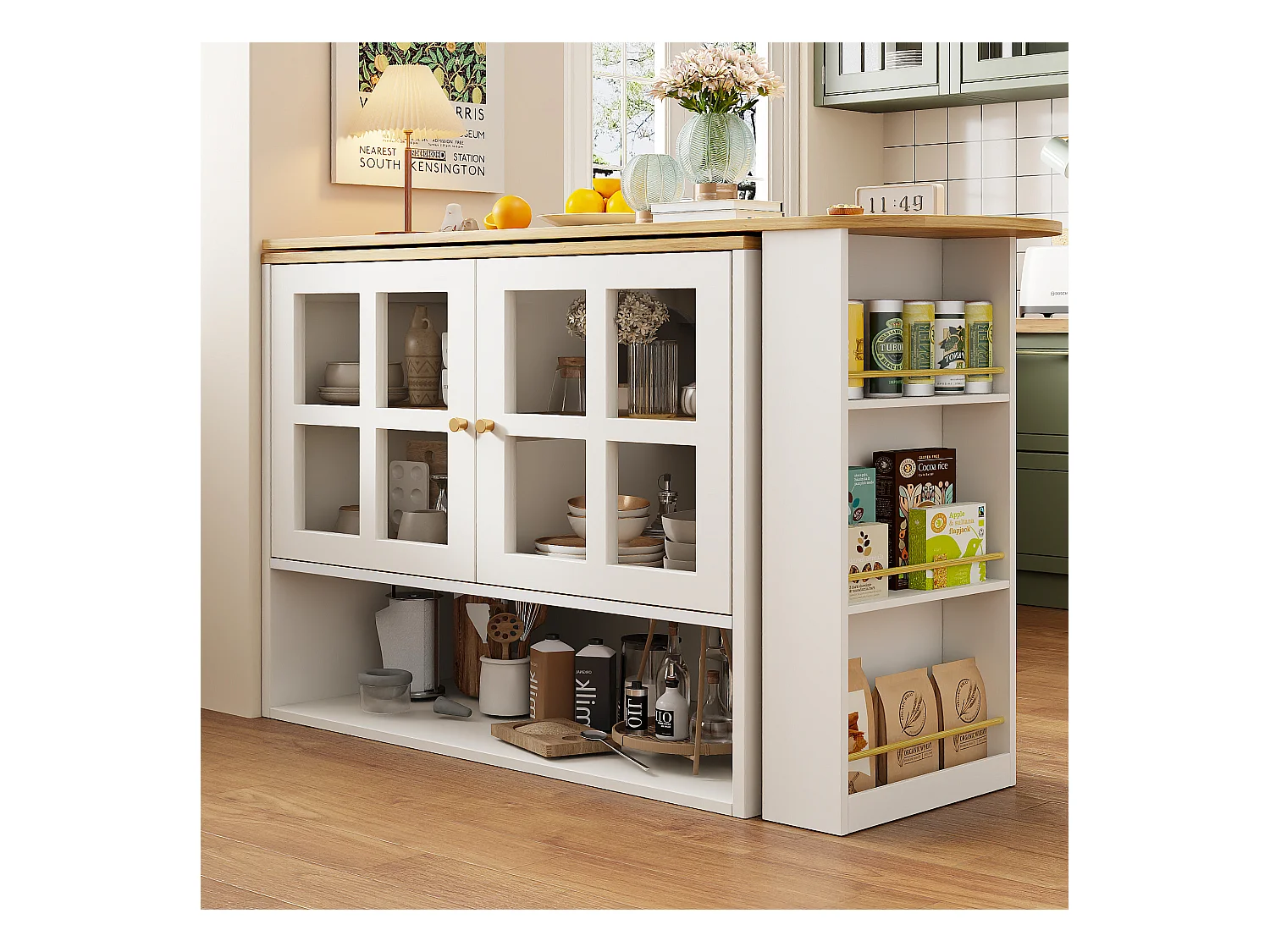 Meuble de bar rotatif - Table de bar extensible avec 2 portes et 3 étagères réglables - rangement ouvert - blanc