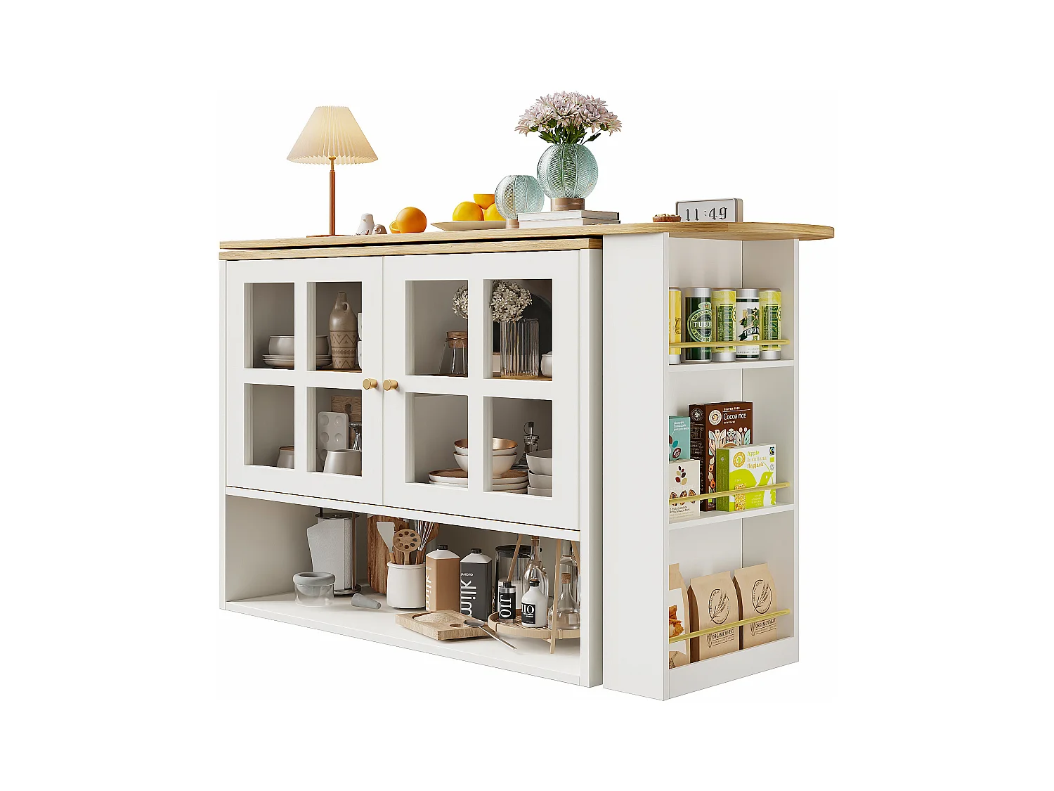 Meuble de bar rotatif - Table de bar extensible avec 2 portes et 3 étagères réglables - rangement ouvert - blanc