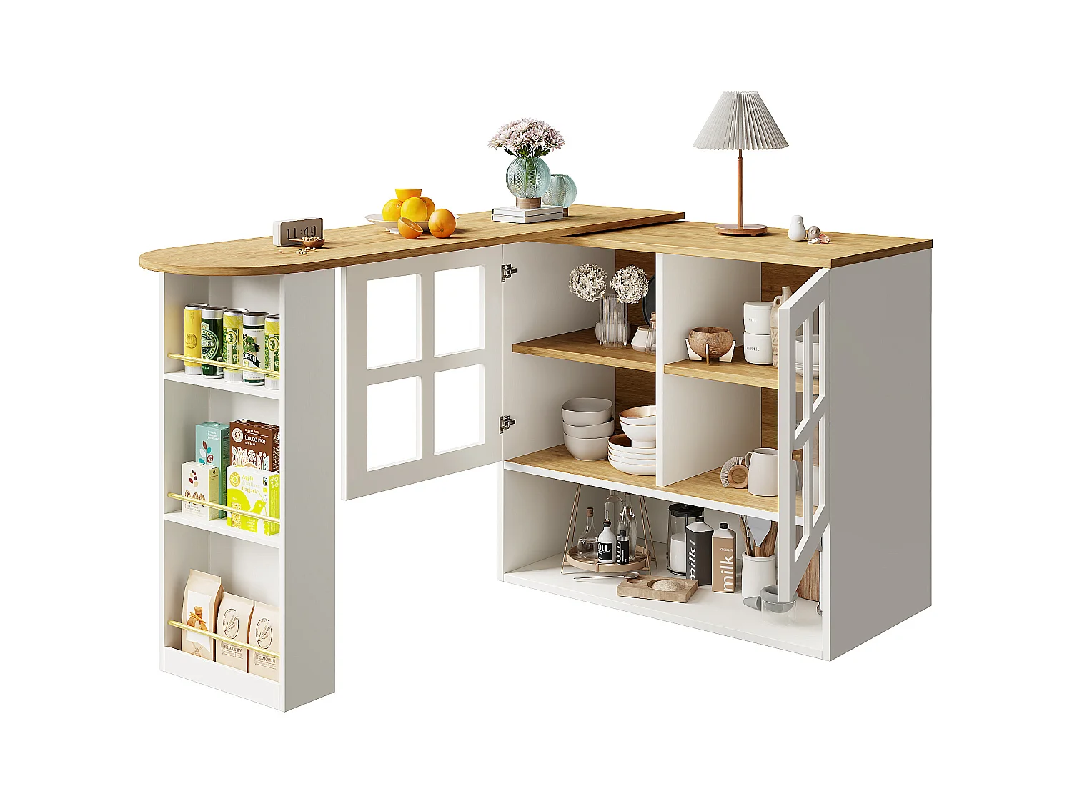 Meuble de bar rotatif - Table de bar extensible avec 2 portes et 3 étagères réglables - rangement ouvert - blanc