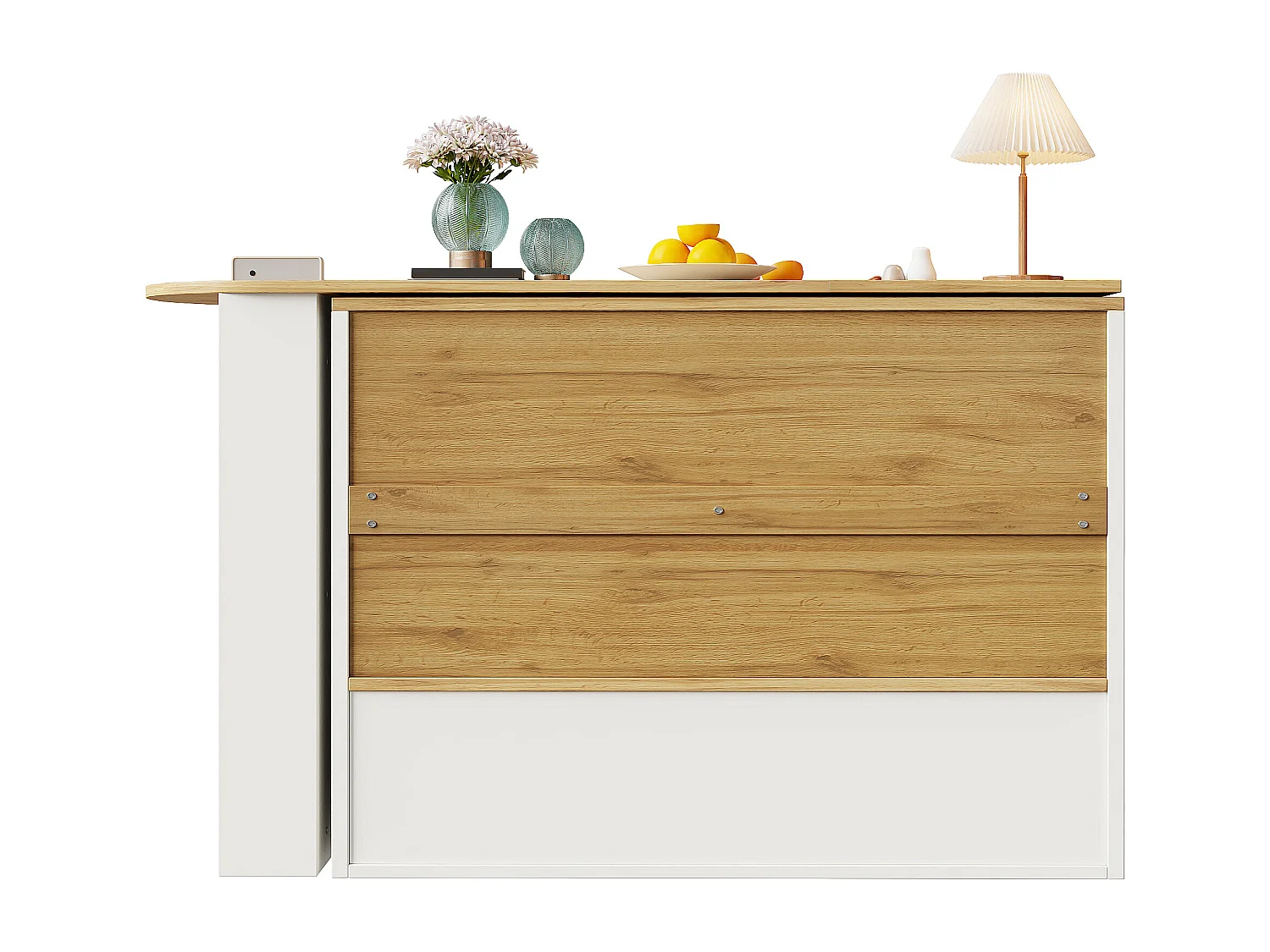 Meuble de bar rotatif - Table de bar extensible avec 2 portes et 3 étagères réglables - rangement ouvert - blanc