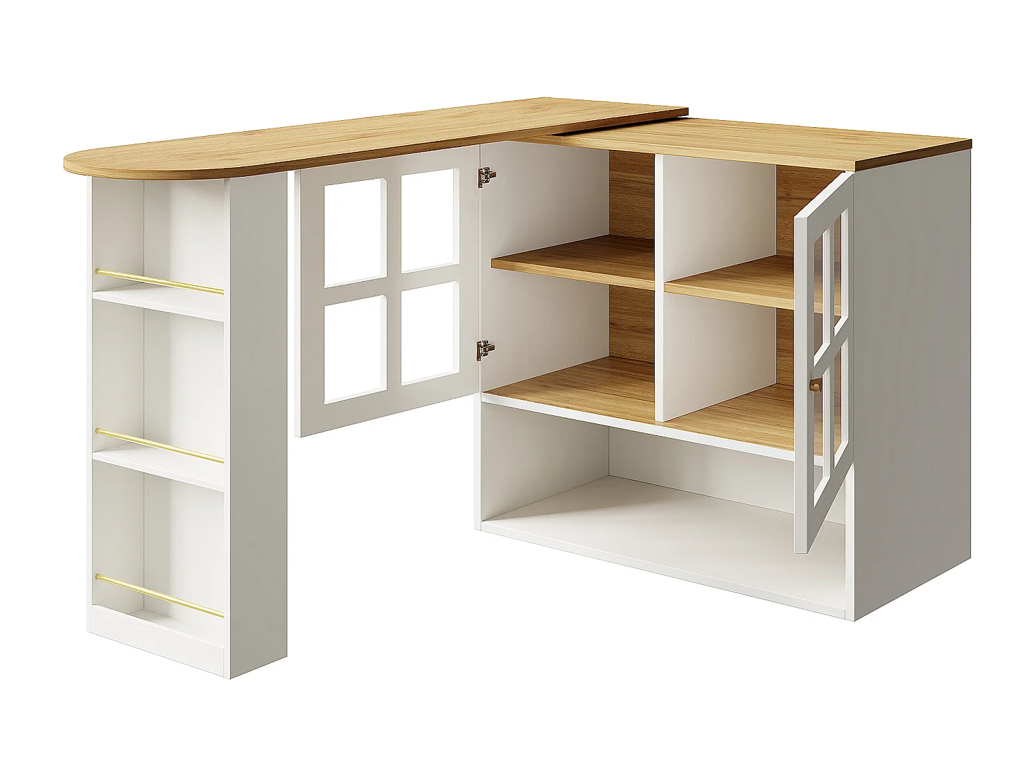 Meuble de bar rotatif - Table de bar extensible avec 2 portes et 3 étagères réglables - rangement ouvert - blanc