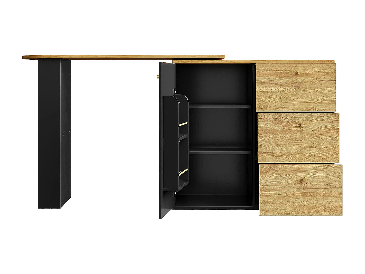 Draaibare barkast - uitschuifbare bartafel met 3 lades en 1 deur - open opbergruimte - zwart