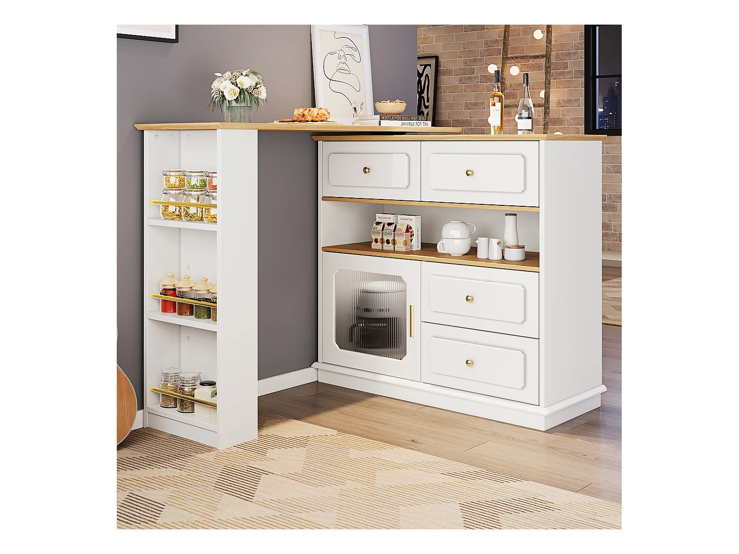 Meuble de bar rotatif - Table de bar extensible avec 4 tiroirs et 1 porte vitrée - rangement ouvert - blanc