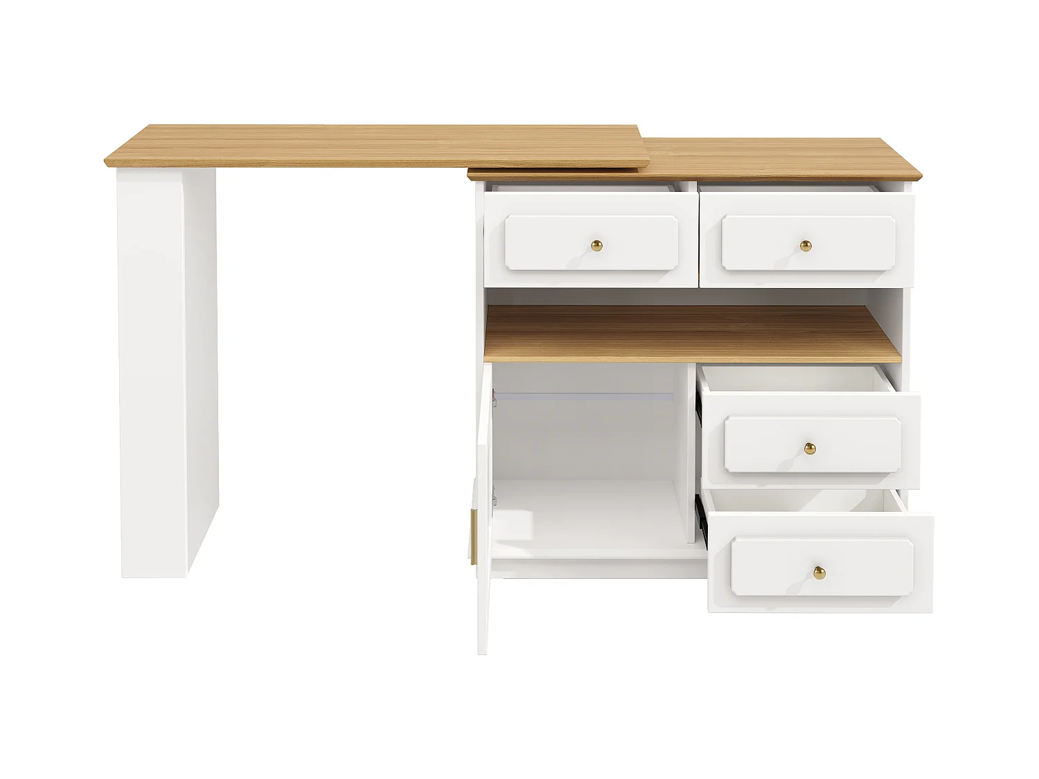 Meuble de bar rotatif - Table de bar extensible avec 4 tiroirs et 1 porte vitrée - rangement ouvert - blanc