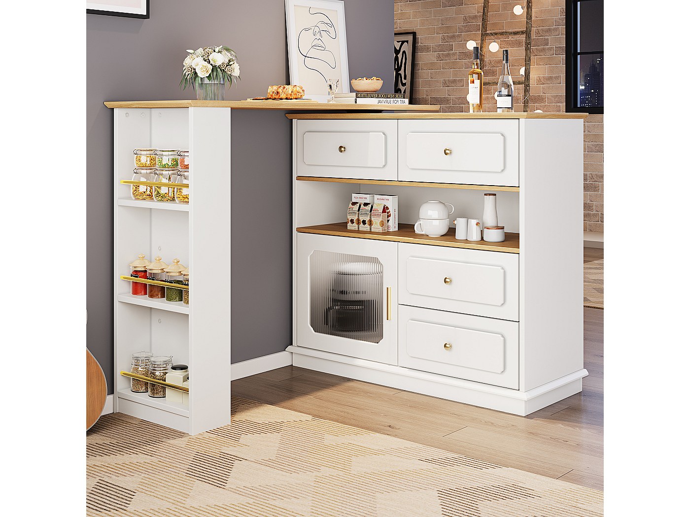 Table De Bar Extensible Avec Porte Vitrée – 121,5x40x76,7 Cm, Plateau Pivotant 360°, Rangement Intégré, Noir, En MDF Et Fer - 6
