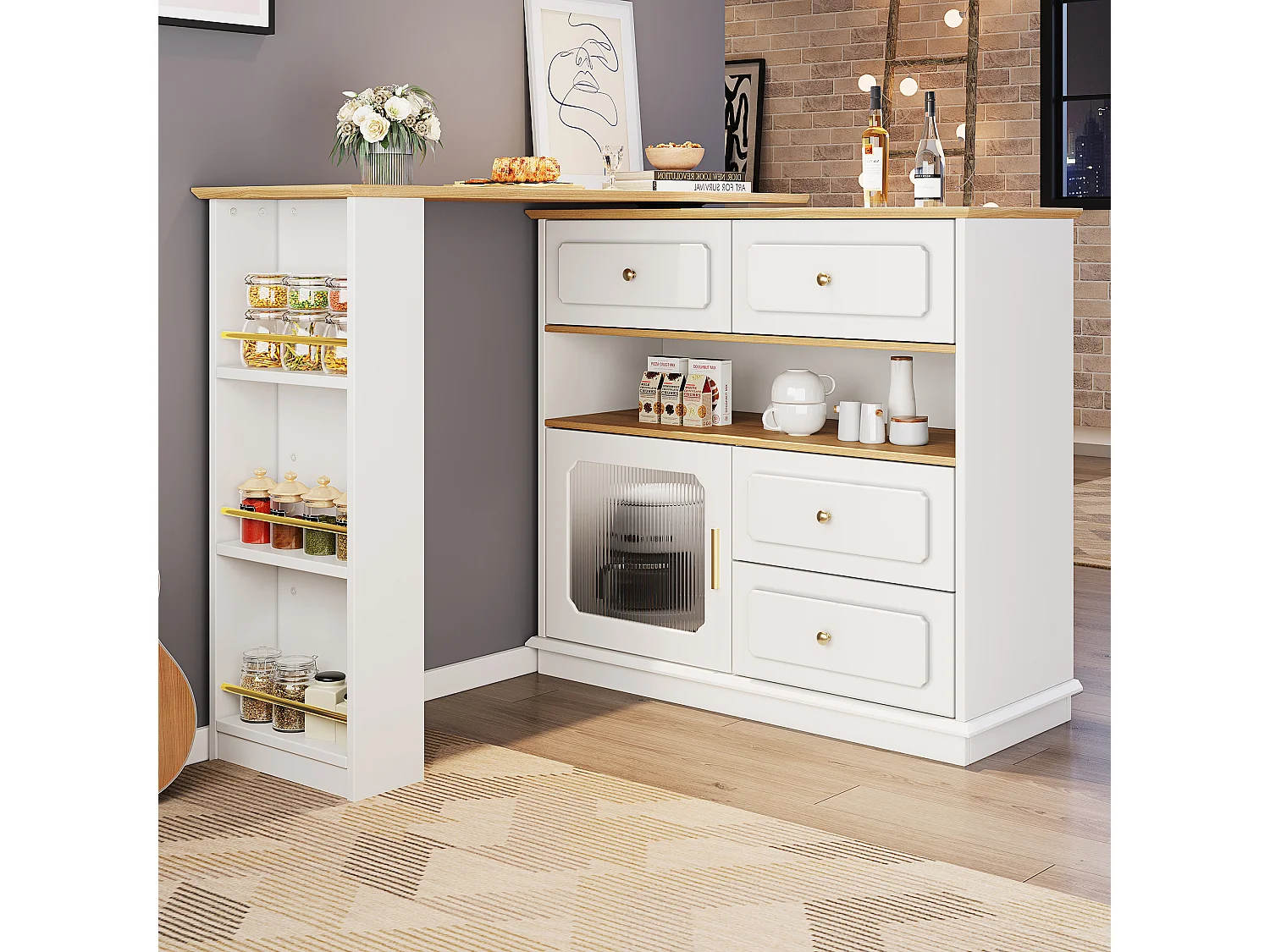 Mueble bar giratorio - Mesa de bar extensible con 4 cajones y 1 puerta de cristal - almacenamiento abierto - blanco