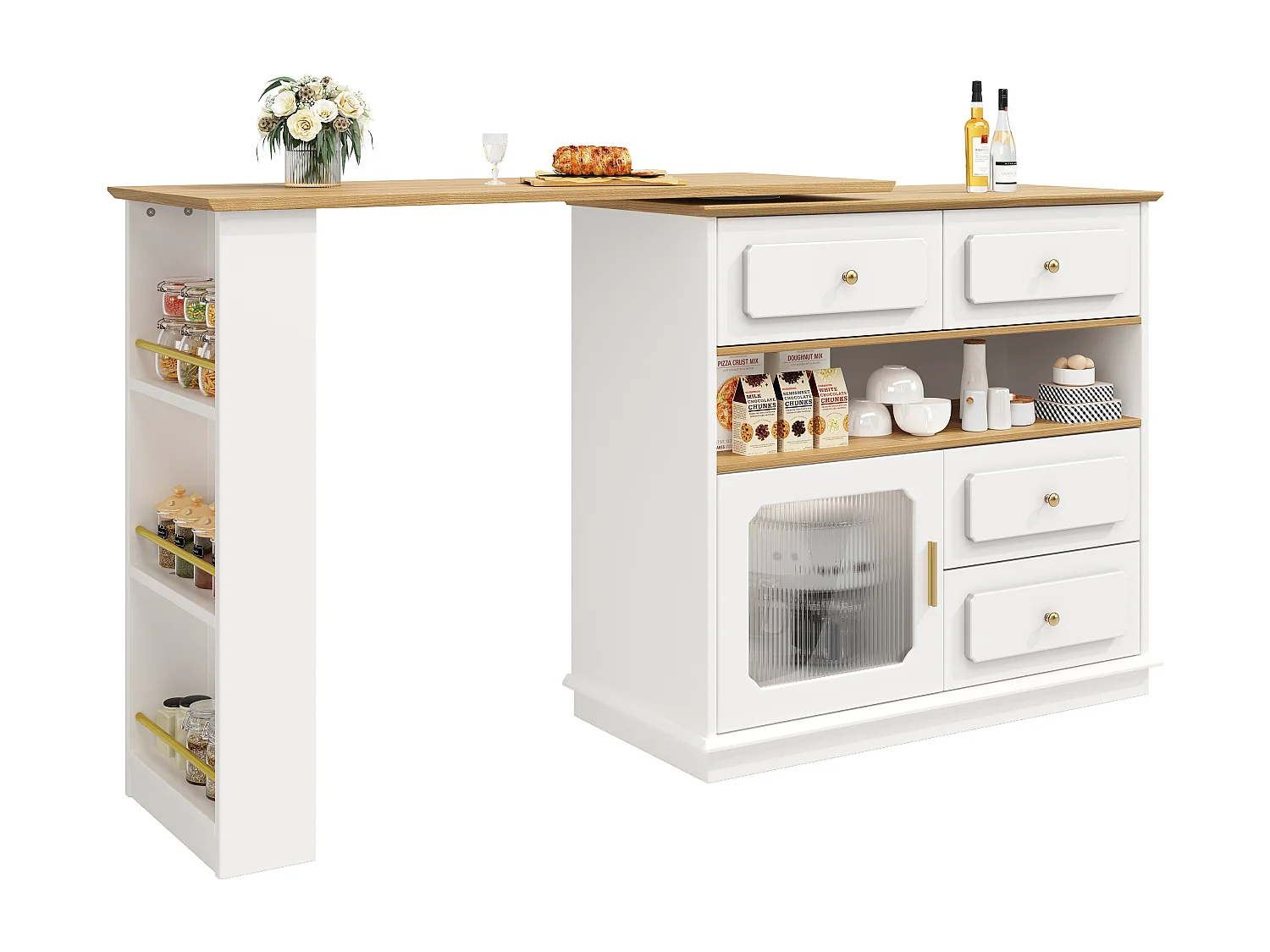 Mueble bar giratorio - Mesa de bar extensible con 4 cajones y 1 puerta de cristal - almacenamiento abierto - blanco