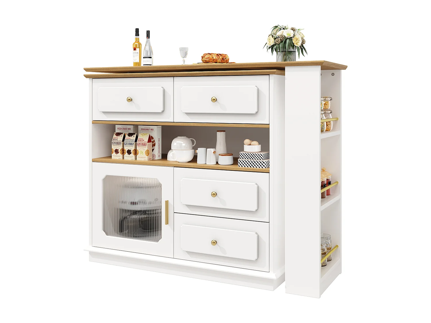 Mueble bar giratorio - Mesa de bar extensible con 4 cajones y 1 puerta de cristal - almacenamiento abierto - blanco