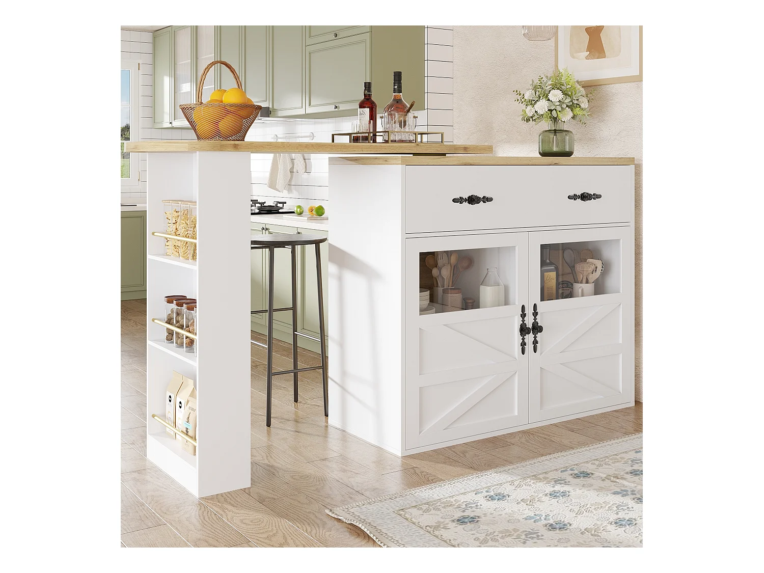 Meuble de bar rotatif - Table de bar extensible avec 1 tiroirs et 2 porte vitrée - rangement ouvert - blanc