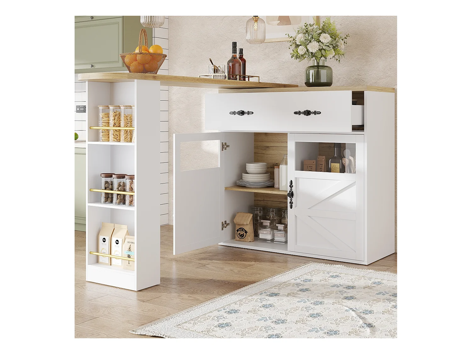 Meuble de bar rotatif - Table de bar extensible avec 1 tiroirs et 2 porte vitrée - rangement ouvert - blanc