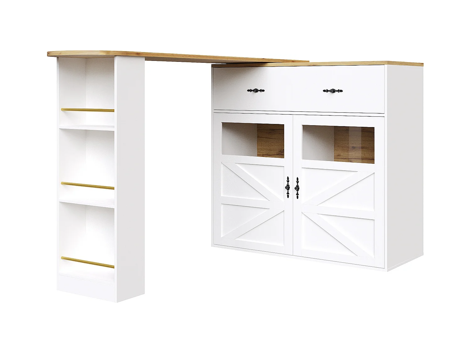 Meuble de bar rotatif - Table de bar extensible avec 1 tiroirs et 2 porte vitrée - rangement ouvert - blanc