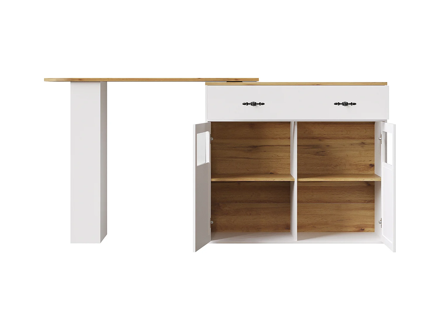 Meuble de bar rotatif - Table de bar extensible avec 1 tiroirs et 2 porte vitrée - rangement ouvert - blanc