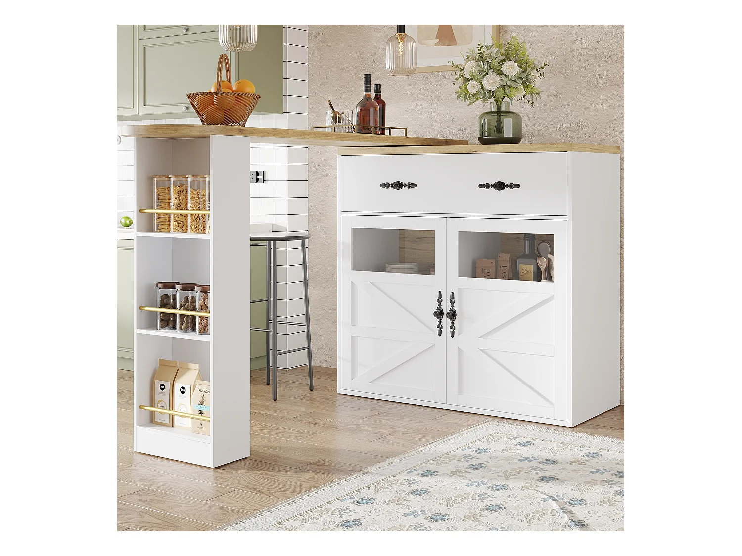 Meuble de bar rotatif - Table de bar extensible avec 1 tiroirs et 2 porte vitrée - rangement ouvert - blanc