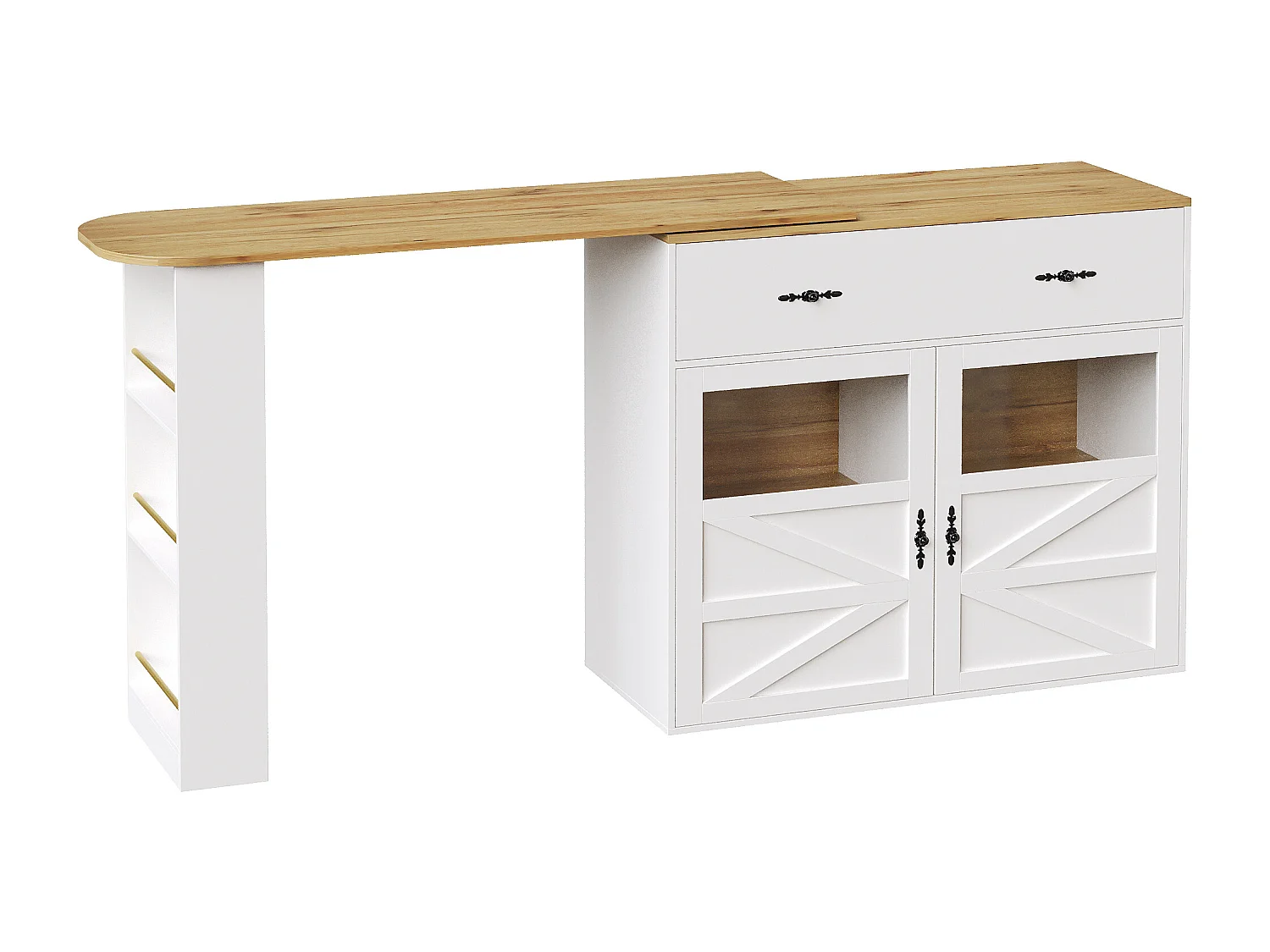 Meuble de bar rotatif - Table de bar extensible avec 1 tiroirs et 2 porte vitrée - rangement ouvert - blanc