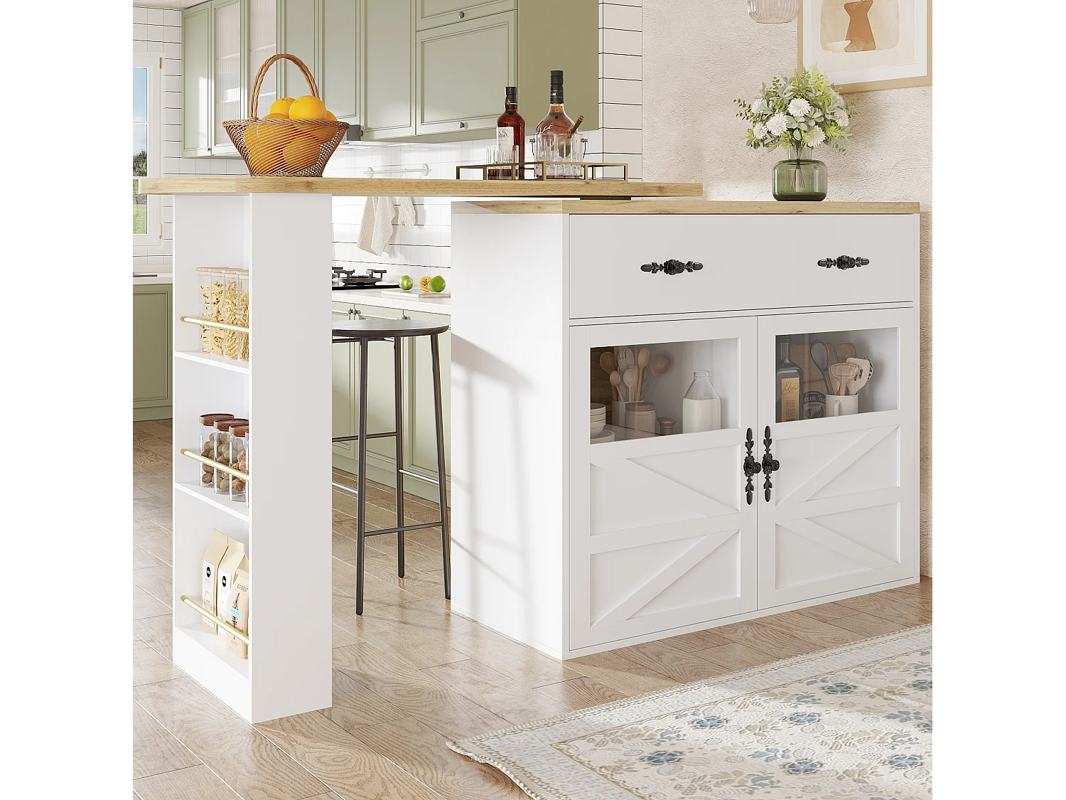 Meuble de bar rotatif - Table de bar extensible avec 1 tiroirs et 2 porte vitrée - rangement ouvert - blanc