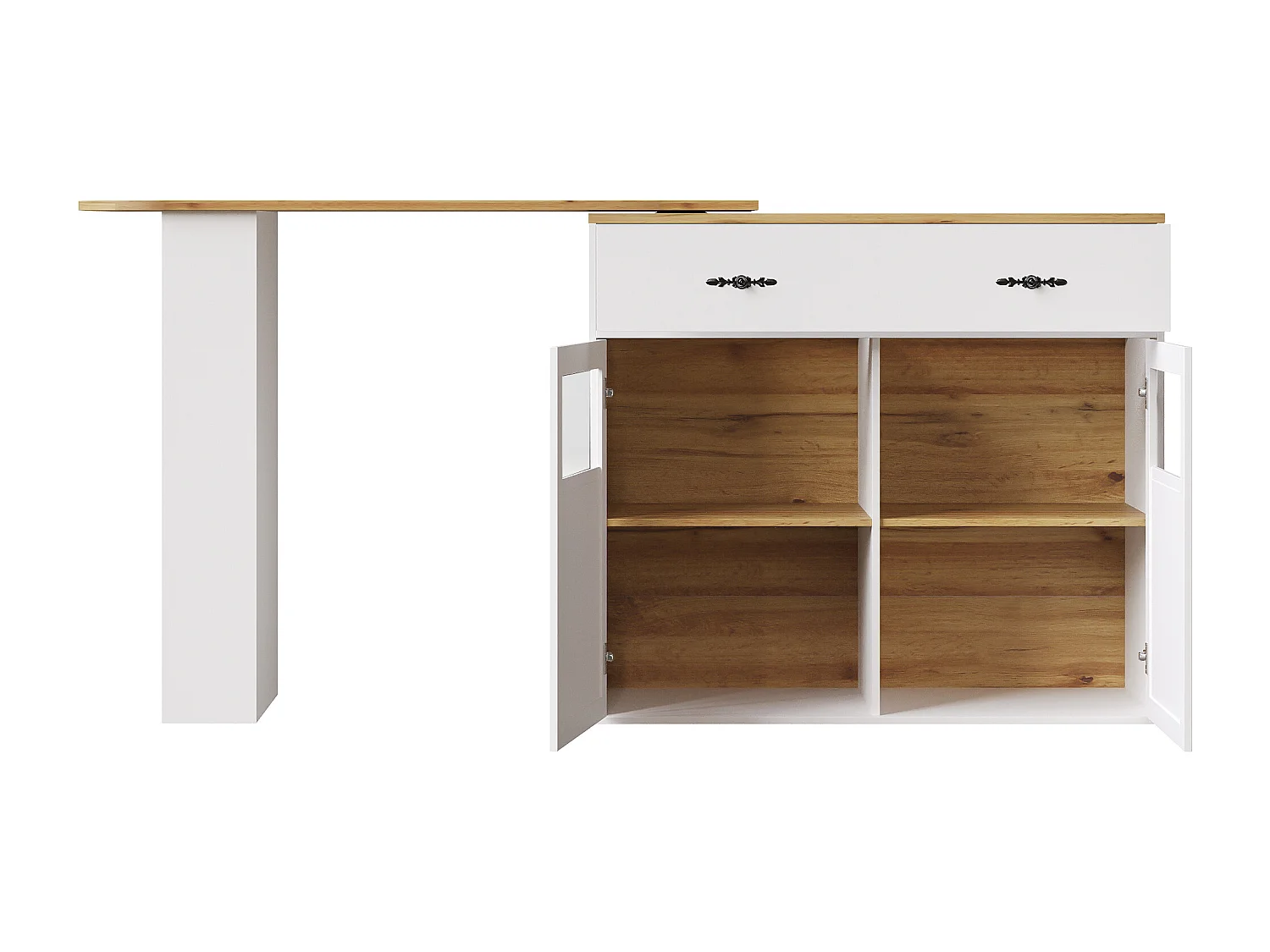 Meuble de bar rotatif - Table de bar extensible avec 1 tiroirs et 2 porte vitrée - rangement ouvert - blanc