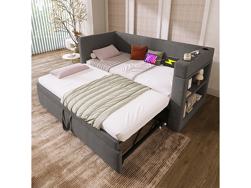 Letto estraibile 90x190 cm - Letto a baldacchino con ricarica USB e 2 portabicchieri - vano contenitore aperto - grigio