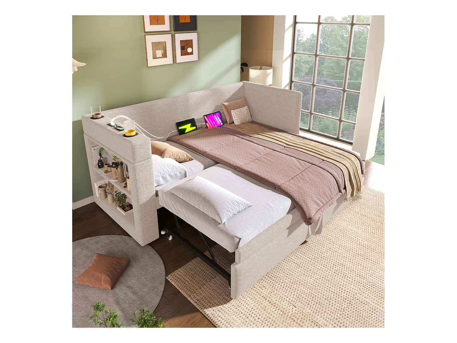 Lit gigogne 90x190 cm - Lit baldaquin avec recharge USB et 2 porte-gobelets - rangements ouverts - beige