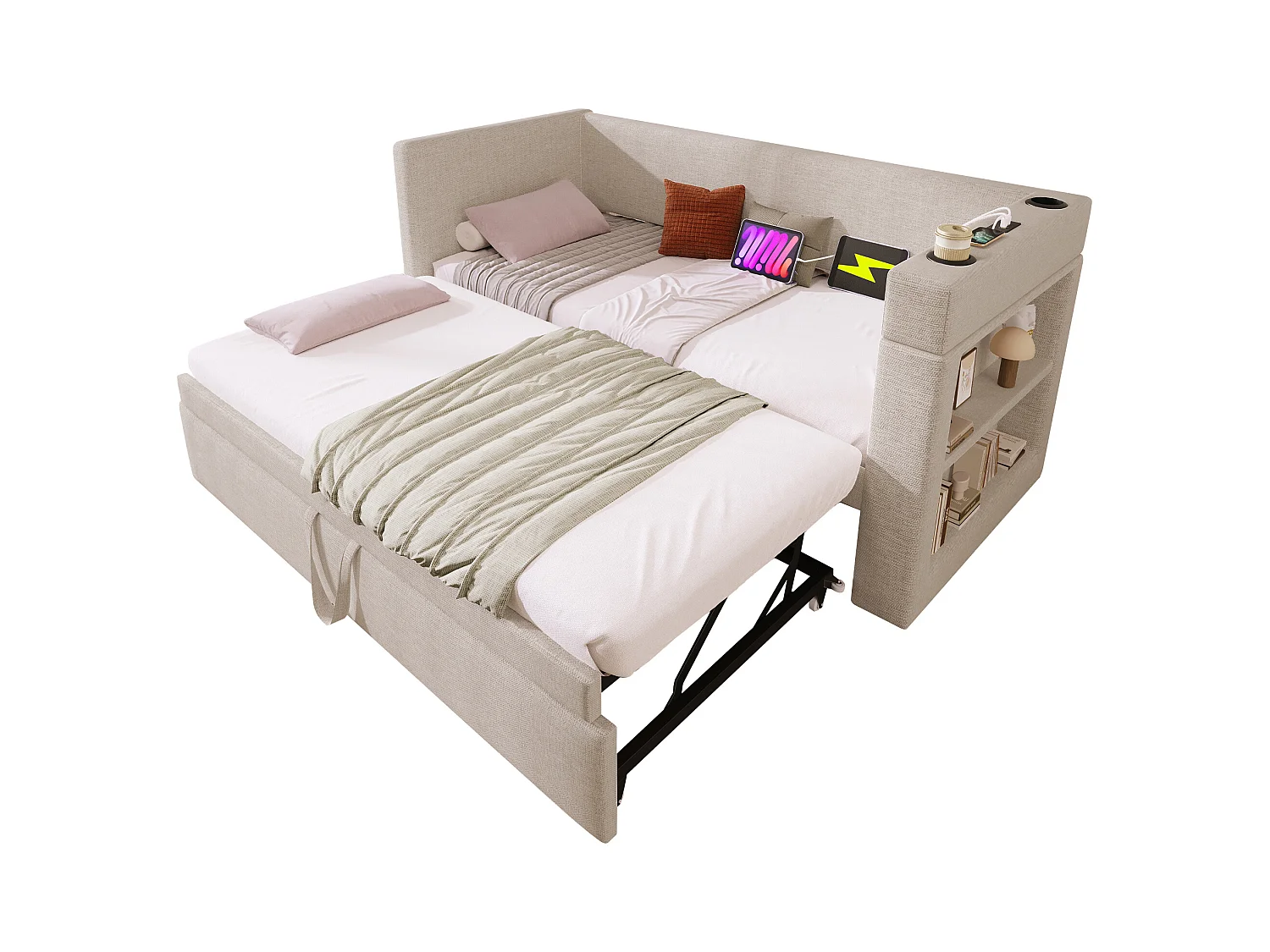 Lit gigogne 90x190 cm - Lit baldaquin avec recharge USB et 2 porte-gobelets - rangements ouverts - beige
