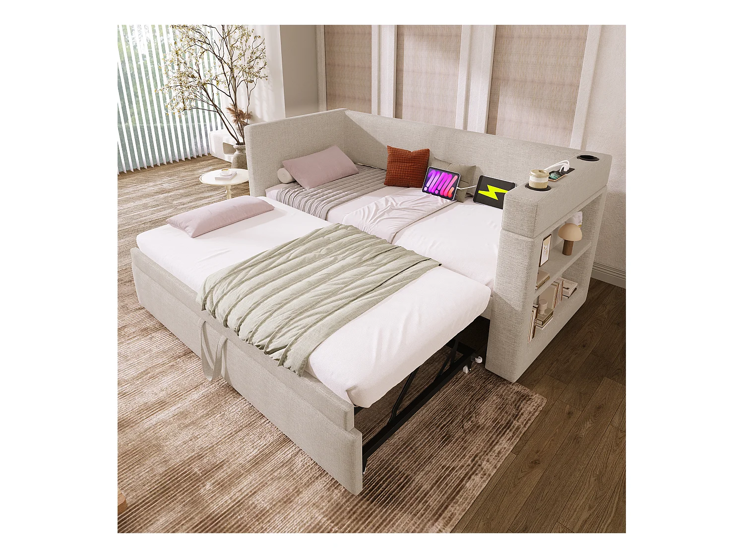 Letto estraibile 90x190 cm - Letto a baldacchino con ricarica USB e 2 portabicchieri - vano contenitore aperto - beige