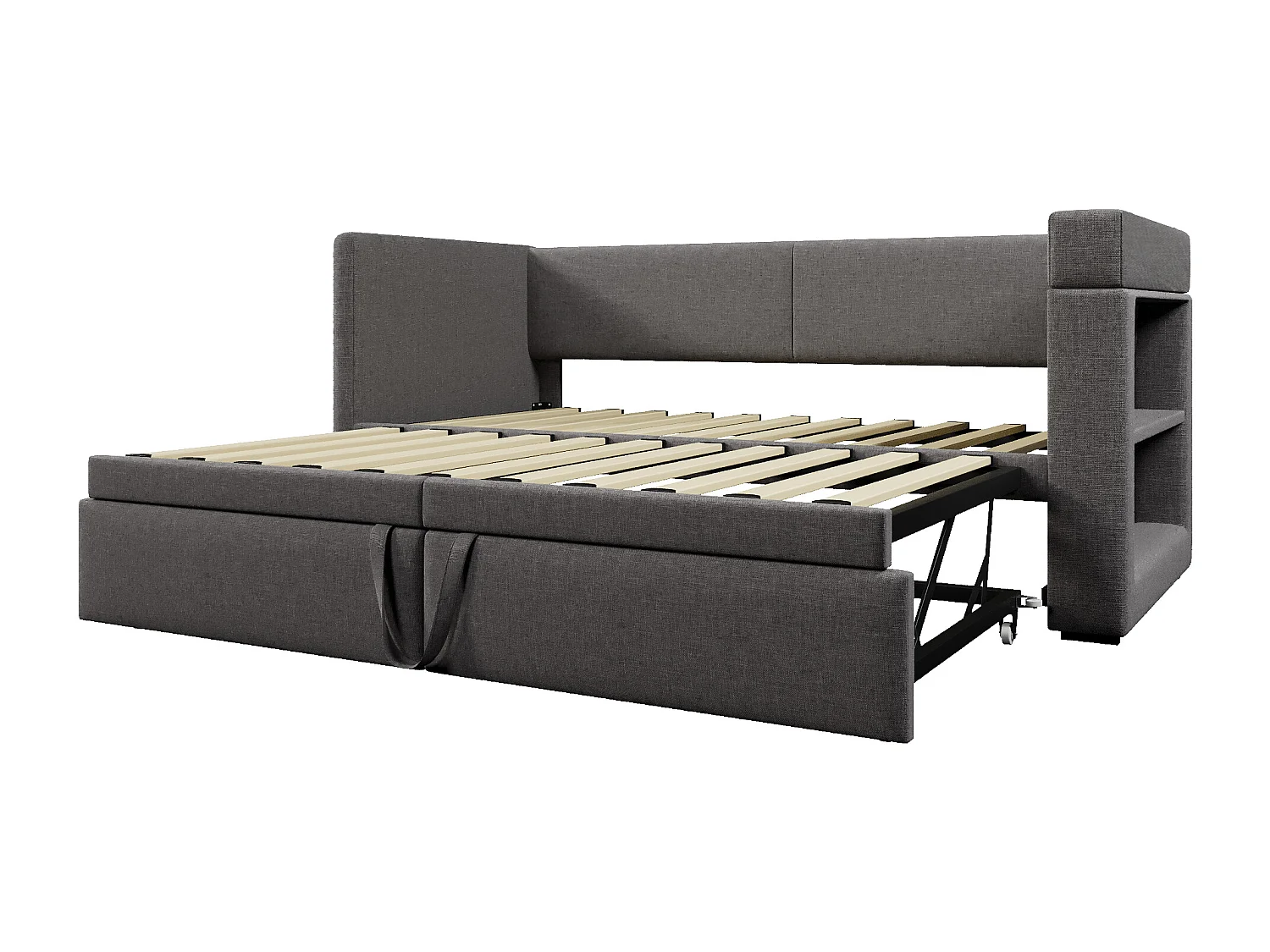 Ausziehbett 90x200 cm - Himmelbett mit USB-Ladefunktion und 2 Getränkehaltern - offener stauraum - grau