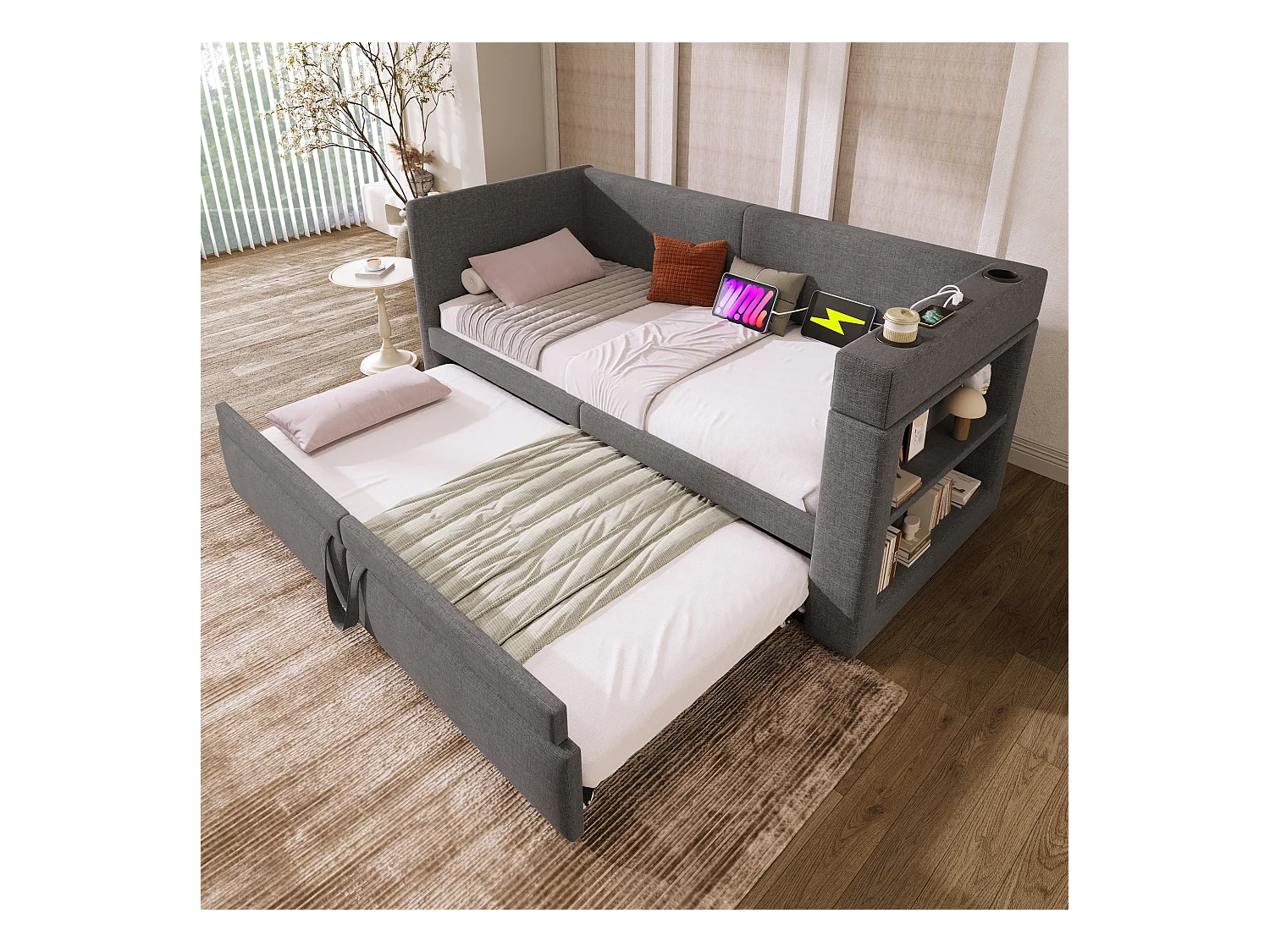 Letto estraibile 90x200 cm - Letto a baldacchino con ricarica USB e 2 portabicchieri - vano contenitore aperto - grigio
