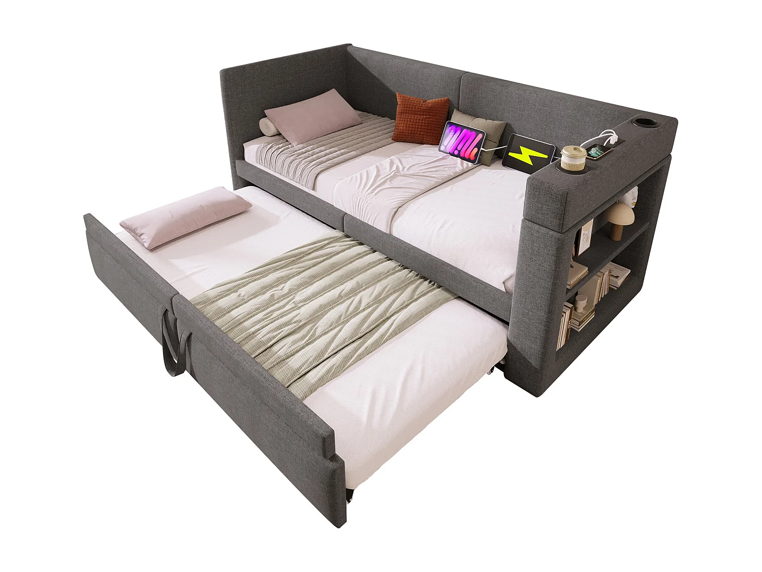 Lit gigogne 90x200 cm - Lit baldaquin avec recharge USB et 2 porte-gobelets - rangements ouverts - gris