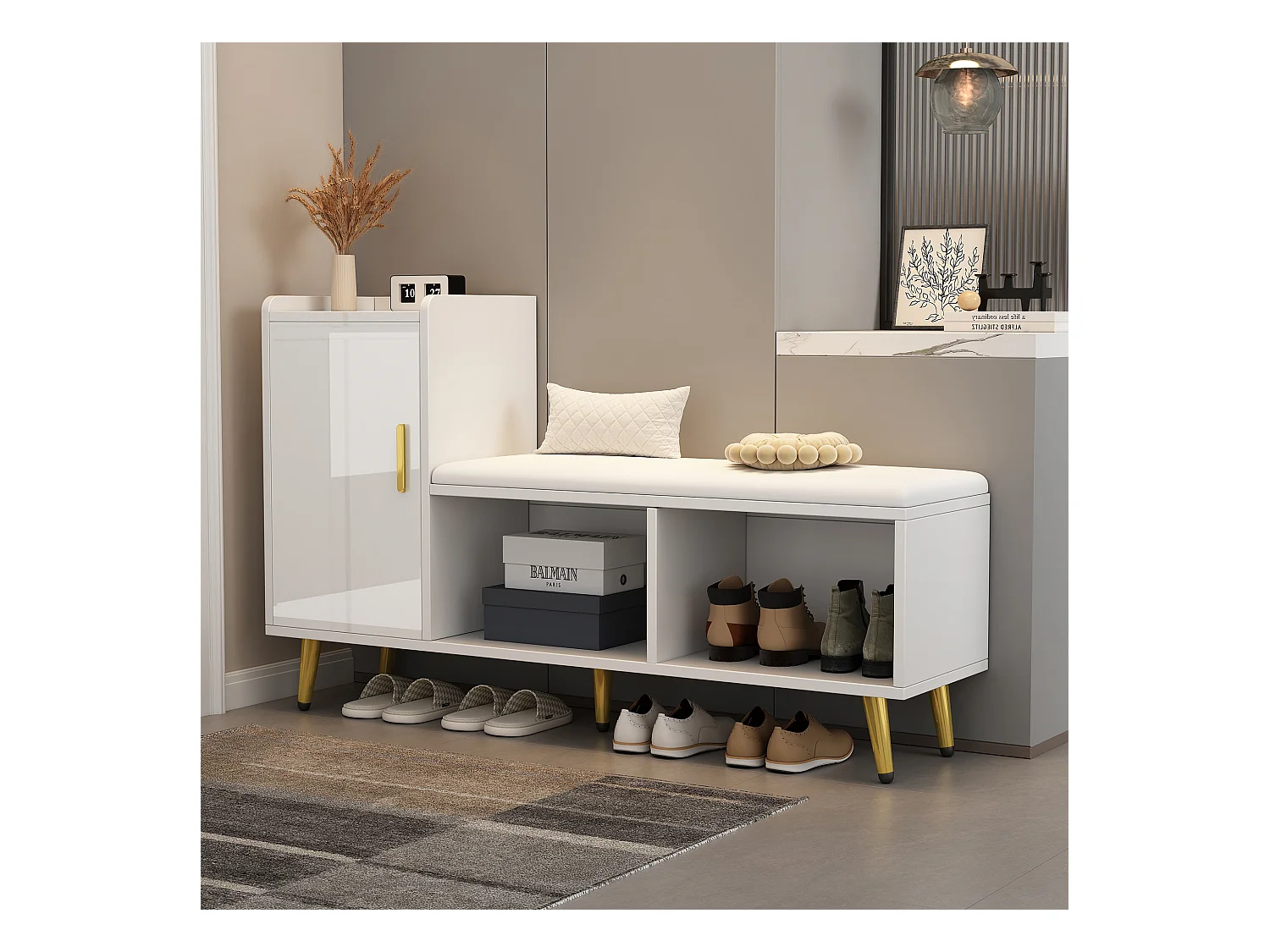 Weißer Schuhschrank - Schuhschrank mit 1 Tür und Sitz - offener Stauraum - für wohnzimmer und schlafzimmer