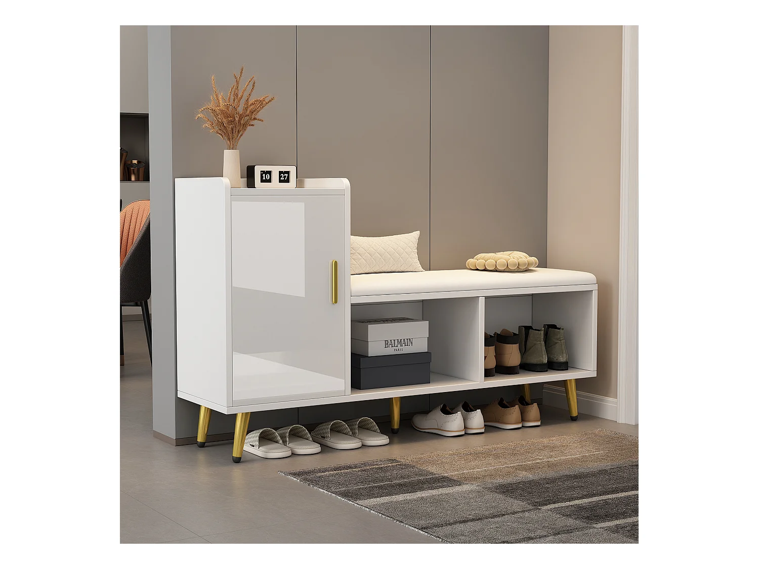 Weißer Schuhschrank - Schuhschrank mit 1 Tür und Sitz - offener Stauraum - für wohnzimmer und schlafzimmer