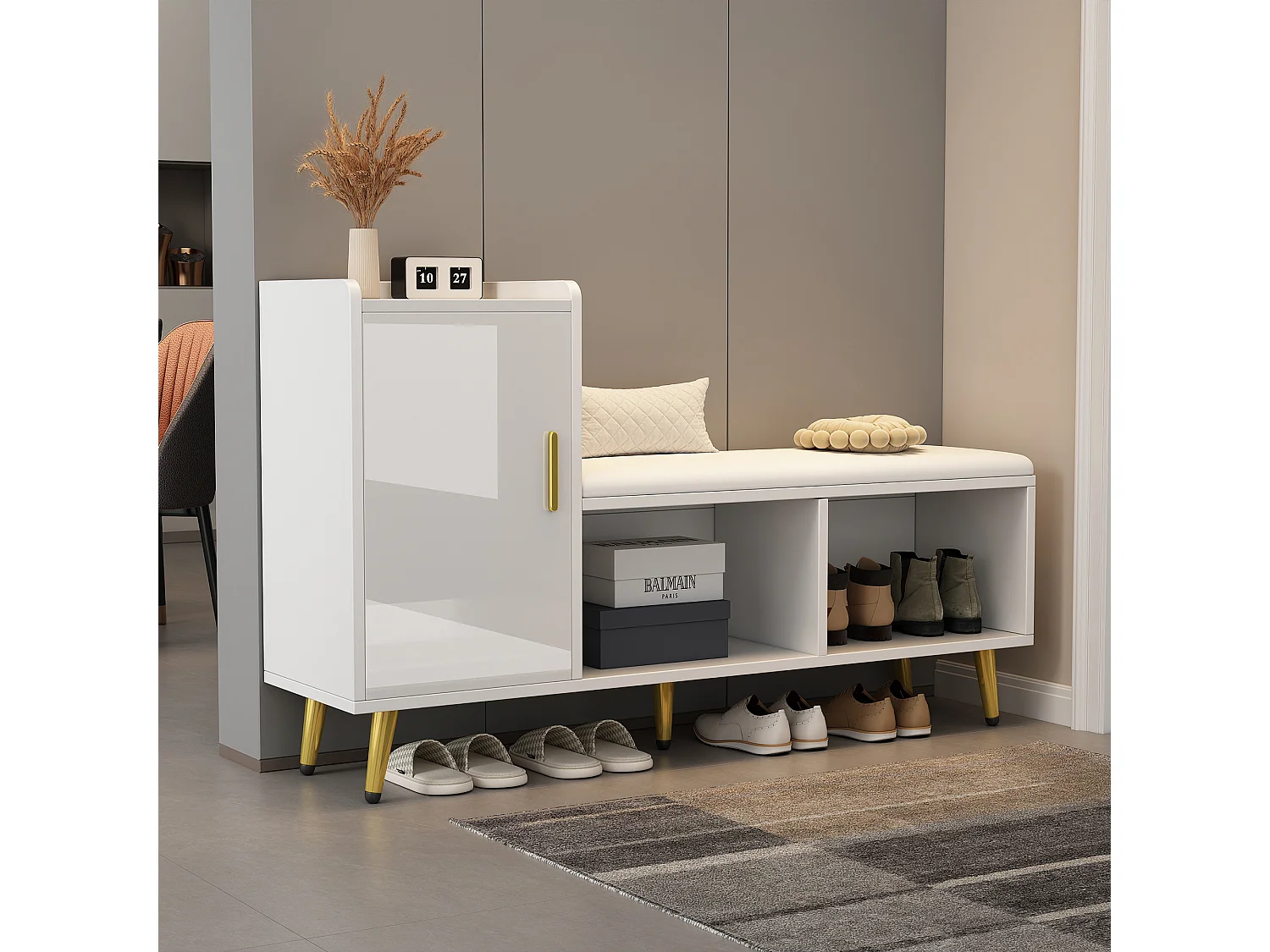 Meuble à chaussures blanc - Meuble à chaussures avec 1 porte et siège - rangement ouvert - pour salon et chambre