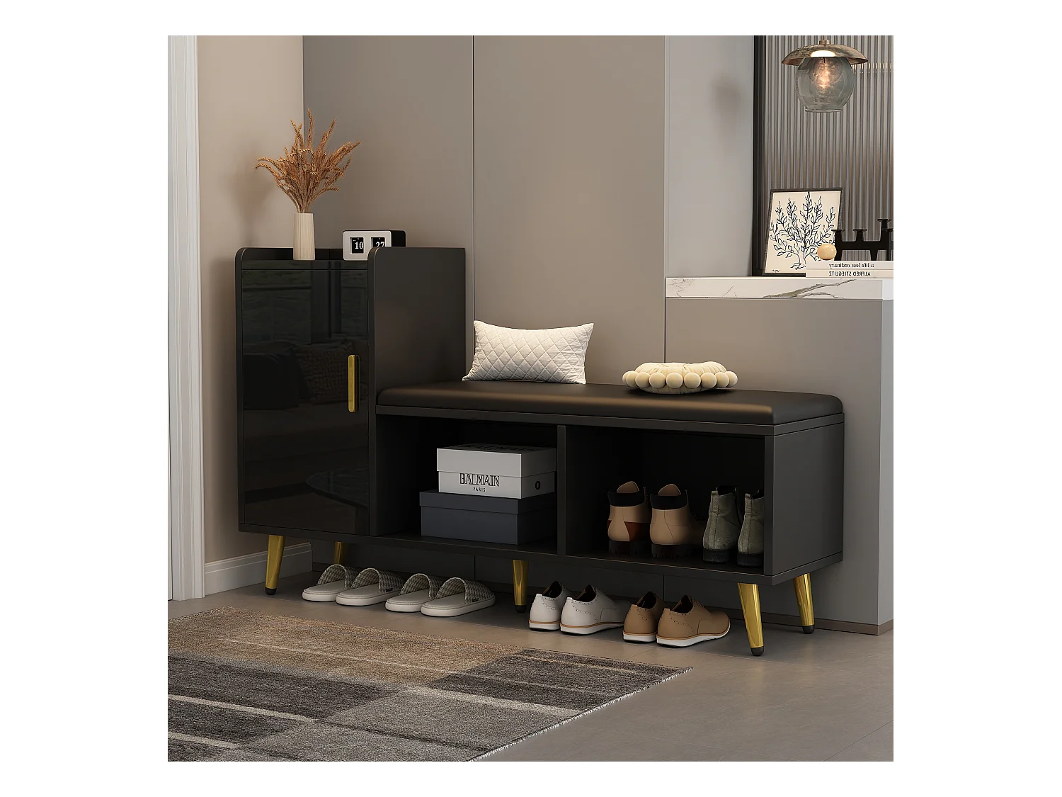 Schwarzer Schuhschrank - Schuhschrank mit 1 Tür und Sitz - offener Stauraum - für wohnzimmer und schlafzimmer