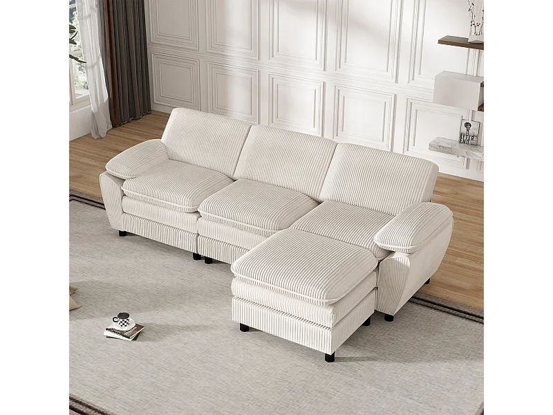 Sofá esquinero derecho - Sofá con cojines de respaldo y reposapiés extraíble - beige