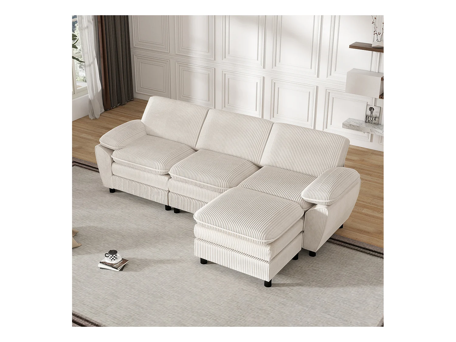 Canapé d'angle droit - Canapé avec coussins de dossier et repose-pieds amovible - beige