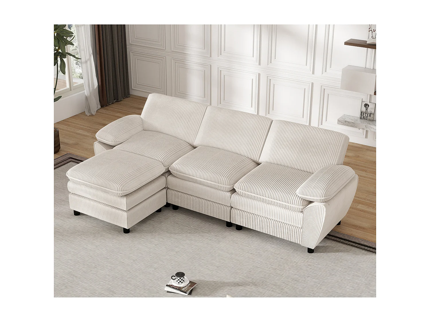 Canapé d'angle droit - Canapé avec coussins de dossier et repose-pieds amovible - beige