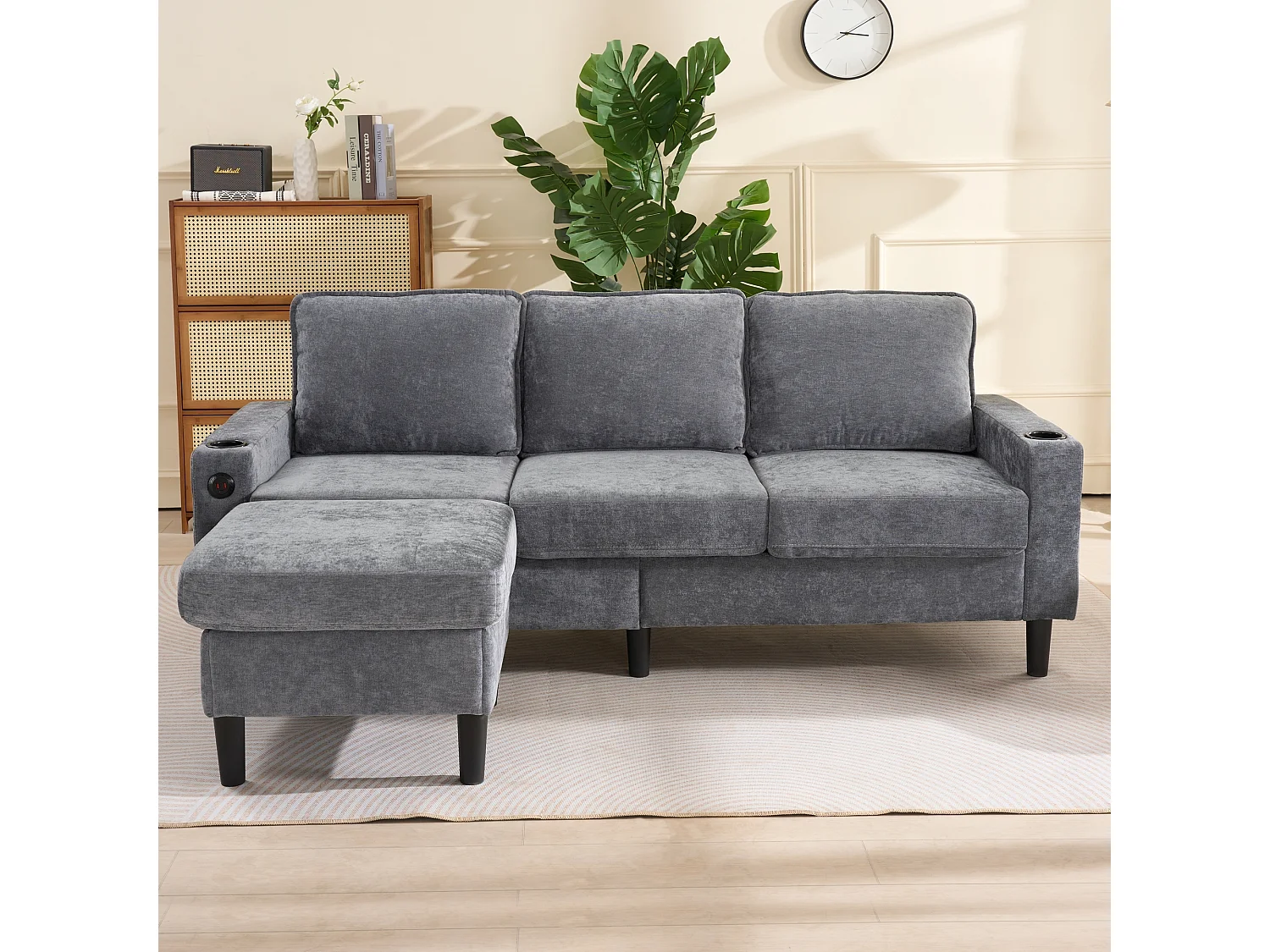 Canapé d'angle droit - Canapé avec 2 porte-gobelets et chargeur USB - lin gris