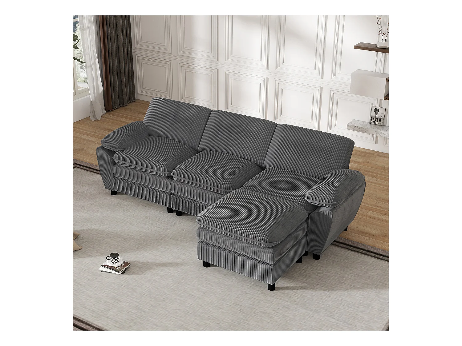 Canapé d'angle droit - Canapé avec coussins de dossier et repose-pieds amovible - gris