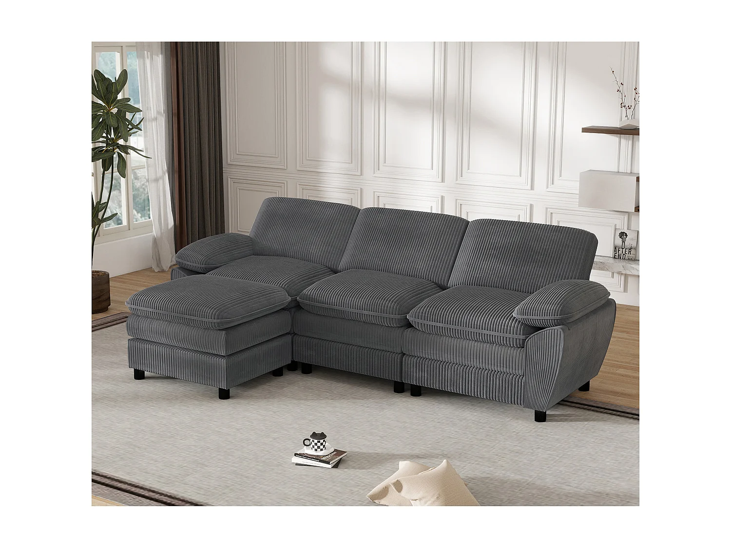 Canapé d'angle droit - Canapé avec coussins de dossier et repose-pieds amovible - gris