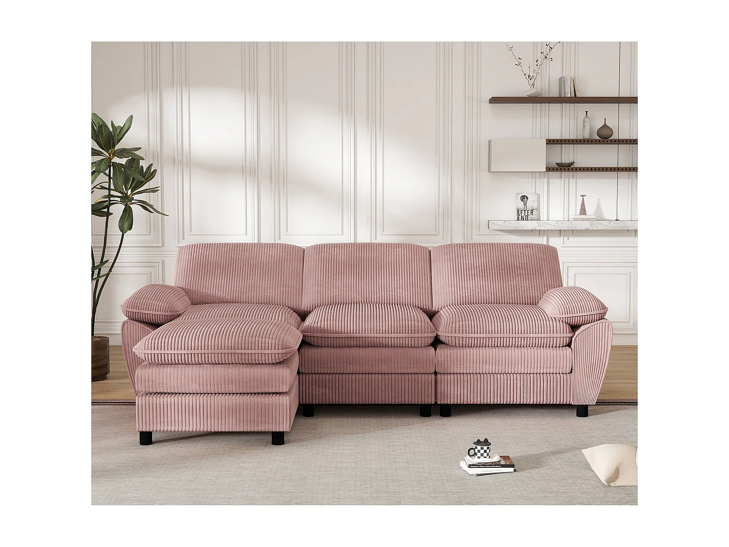 Hoekbank - 3-zitsbank met rugkussens en afneembare voetenbank - roze corduroy