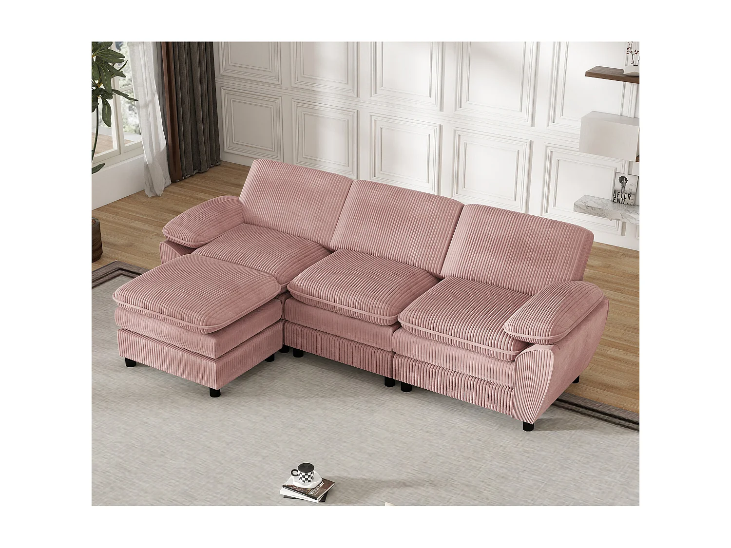 Hoekbank - 3-zitsbank met rugkussens en afneembare voetenbank - roze corduroy