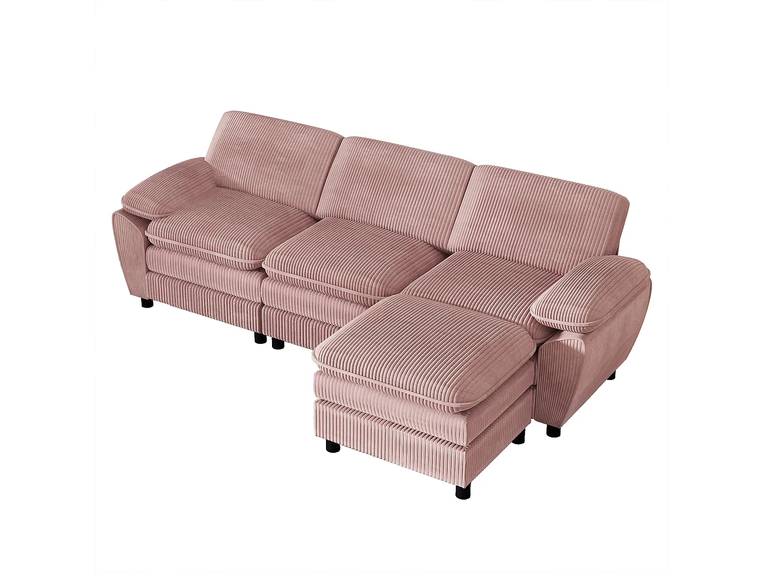 Hoekbank - 3-zitsbank met rugkussens en afneembare voetenbank - roze corduroy