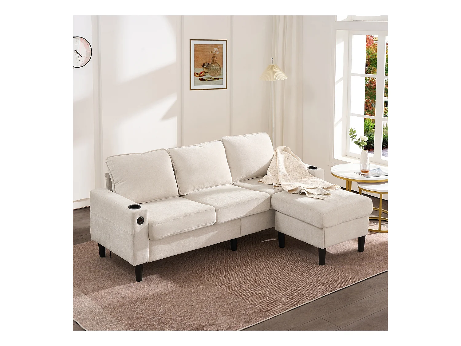 Canapé d'angle droit - Canapé avec 2 porte-gobelets et chargeur USB - lin beige