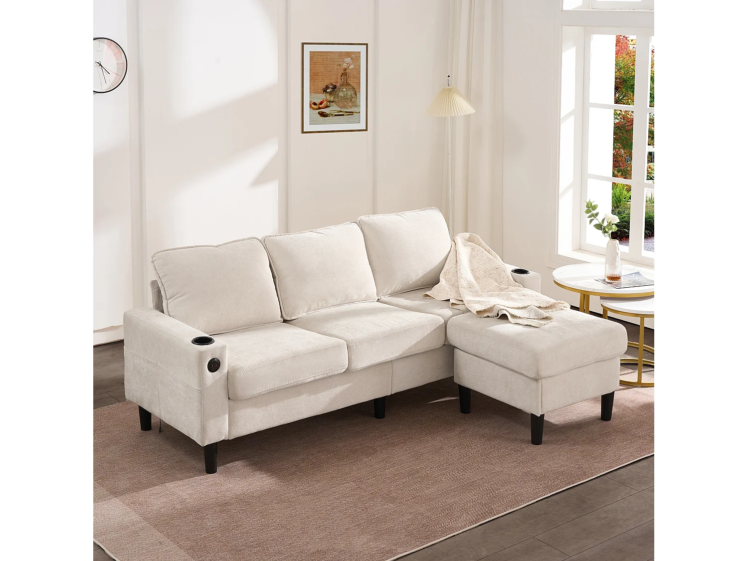 Ecksofa rechts - Sofa mit 2 Getränkehaltern und USB-Ladegerät - beiges leinen