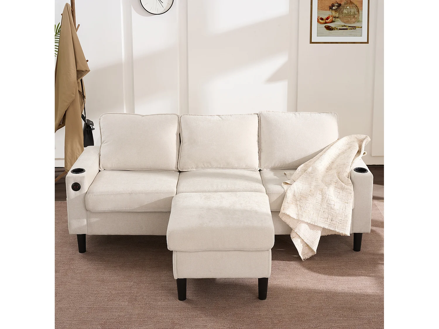 Ecksofa rechts - Sofa mit 2 Getränkehaltern und USB-Ladegerät - beiges leinen