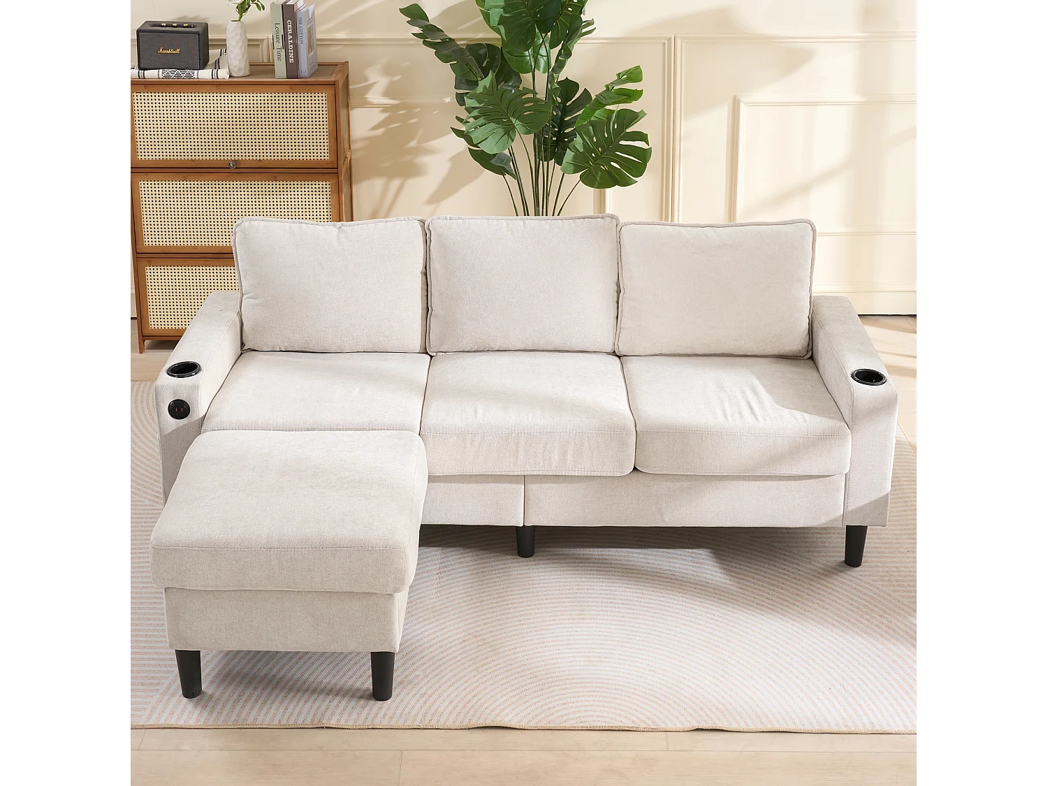 Ecksofa rechts - Sofa mit 2 Getränkehaltern und USB-Ladegerät - beiges leinen