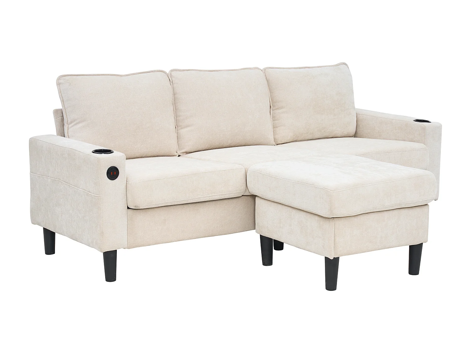 Ecksofa rechts - Sofa mit 2 Getränkehaltern und USB-Ladegerät - beiges leinen