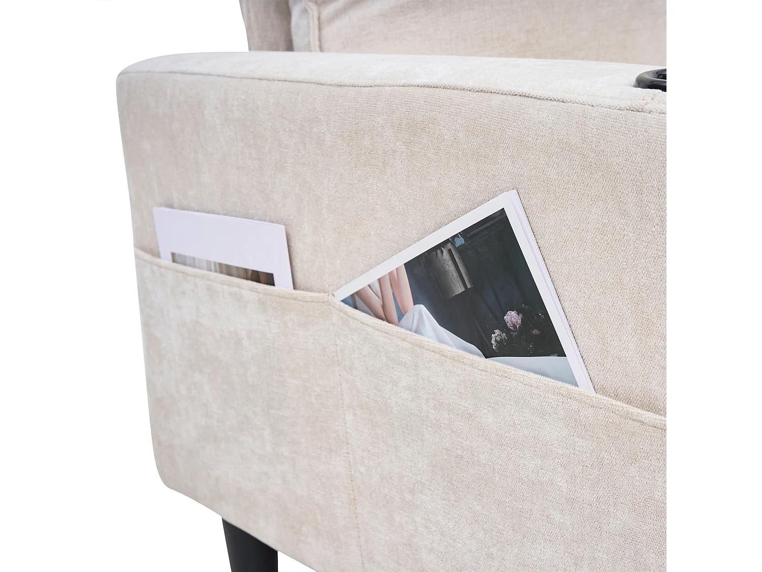 Ecksofa rechts - Sofa mit 2 Getränkehaltern und USB-Ladegerät - beiges leinen